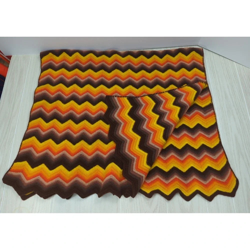 Vintage 70s chevron Afghan throw orange brown crocheted or knit feels acrylic